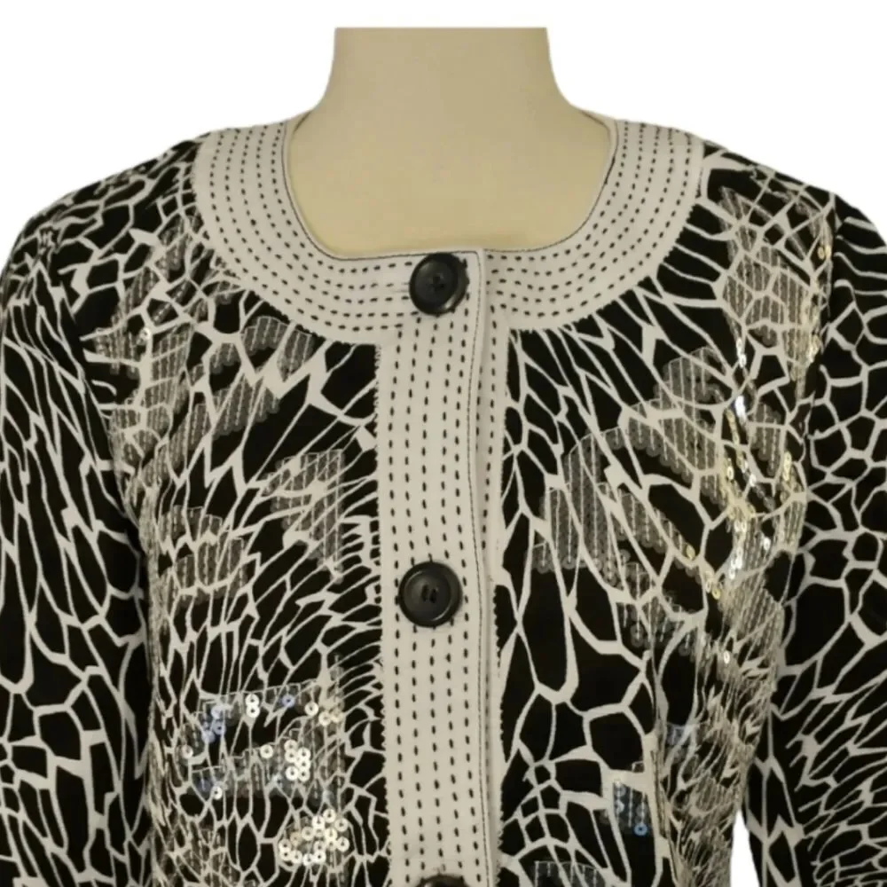 Chicos Floral Sequin Jacket S White Black Embellished 3/4 Sleeve Button‎ Front
